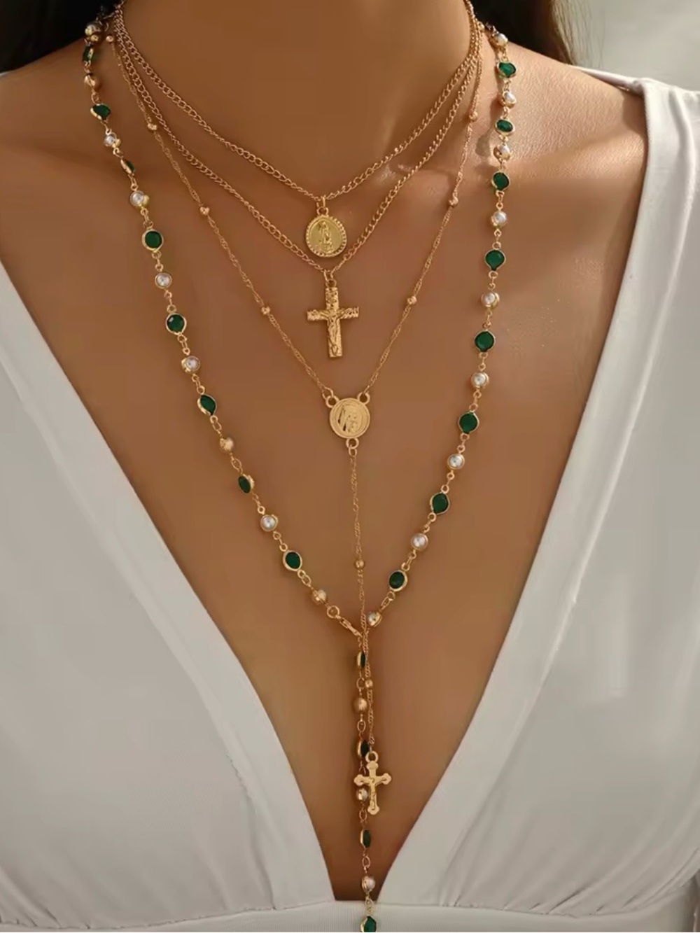 Gold Layered Necklace Set with Green Accents and Cross Pendants